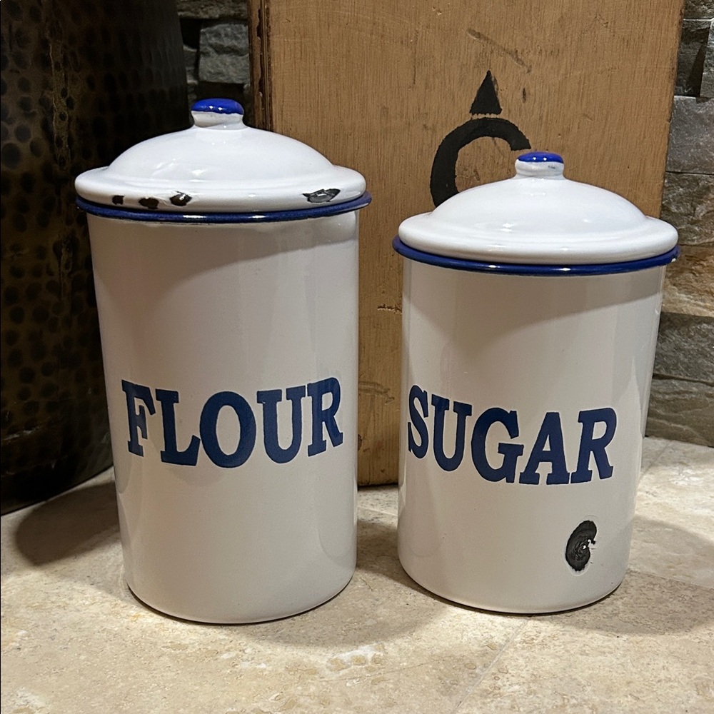 Set of 2 Vintage Enamelware Sugar and flour Canisters